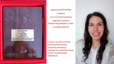 Plaketa „ Prof. dr Milorad Mitković&quot; dodeljena najboljem studentu Medicinskog fakulteta u Nišu